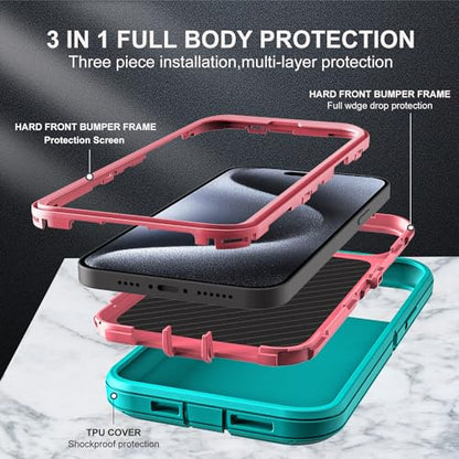 YKHJKLEC for iPhone 15 Pro Case, Military Grade 3 in 1 Heavy Duty Shockproof/Drop Proof/Dust Proof Case with 2Pcs Tempered Glass Screen Protector (Aqua Blue/Pink) - color: Aqua Blue/Pink