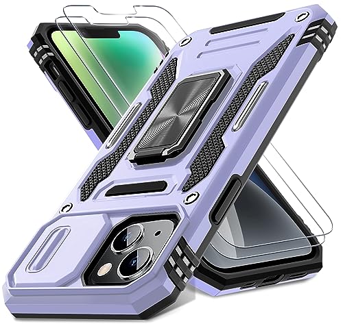 DEERLAMN Case for iPhone 13/iPhone 14 6.1-Inch with Slide Camera Cover+Screen Protector(2 Packs),Rotated Ring Kickstand Military Grade Shockproof Protective Cover-Light Purple - color: Light Purple
