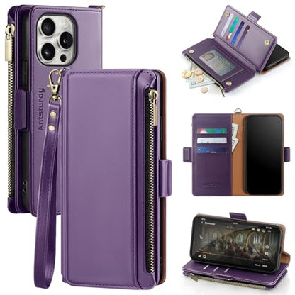 Antsturdy for iPhone 15 Pro Max Phone Wallet Case Women,Purple | RFID Blocking,with Credit Card Holder Slots,PU Leather Purse,Zipper Pocket,Wrist Strap Kickstand,Flip Folio Cover for Men - color: Purple