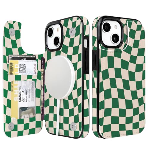uCOLOR for iPhone 13/14 Wallet Case Magsafe with Card Holder Slot | Compatible with MagSafe,Folio Flip PU Leather Magnetic RFID Design with Camera Lens Protector Green Checkered - color: Green Checkered