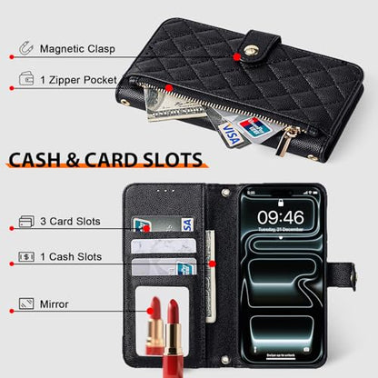 Wallet Phone Case Crafted for iPhone 17 Pro Black | Women Wallet Flip Case Cover Wrist Strap Zipper Credit Card Holder Slots PU Leather - color: Black, size: iPhone 17 Pro