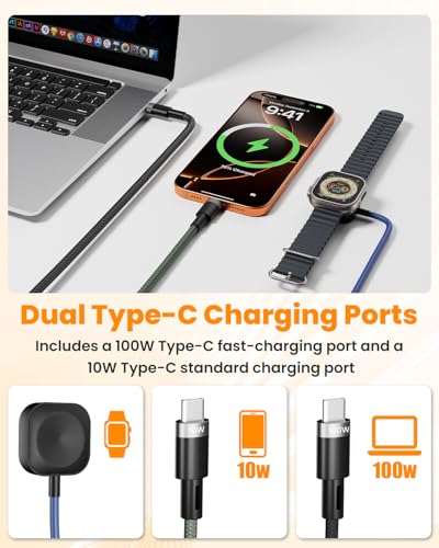 Multi Fast Charging Cable for Apple Watch - 100W Dual USB C Fast Charging Cable for iPhone 17/16/15/14/13/iWatch, 3 in 2 Portable Watch Charging Cord with 2 USB C and iWatch Charger Port, 6.5FT