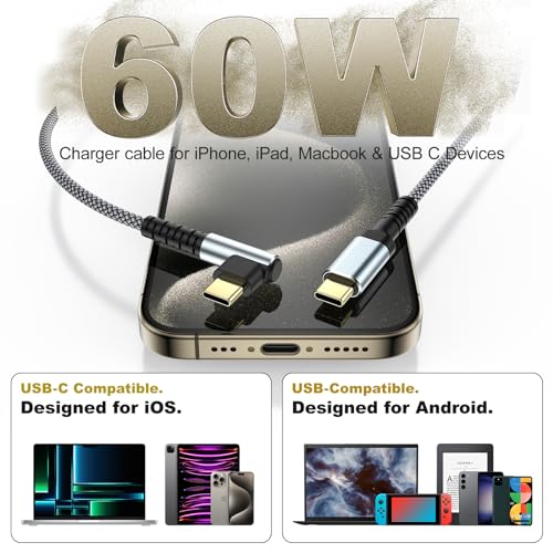 USB C Right Angle Cable,3Pack 10ft 60W USB C to USB C Braided Charger Cable - color: Black
