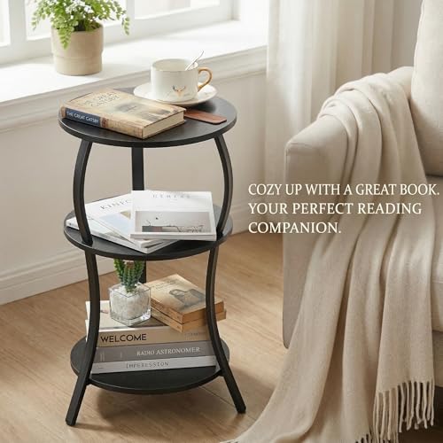 YEAKOO Small Round Side Table,3-Tier Slim Waist End Table for Small Spaces - color: Black, style: Classic