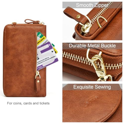 S-ZONE Small Crossbody Bags for Women Phone Purse RFID Blocking Wallet | Card Slots, Vegan Leather, Anti-theft, Multi Pockets, Detachable Adjustable Strap, Travel Eveyday Outing - color: Retro Brown