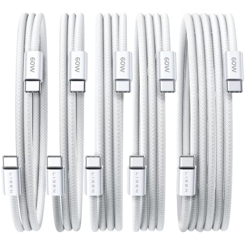 LISEN USB C Cable, 5-Pack [3.3/3.3/6.6/6.6/10FT] USBC to USBC Cable for iPhone 16e 15 Pro Max Charger Cord, 60W (3.1A) C to C Cable Fast Charging for Samsung S25/S24/23, Switch 2, iPad, MacBook,White - color: White, size: 3.3+3.3+6.6+6.6+10FT
