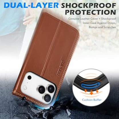 SHIELDON Genuine Leather Case Wallet for iPhone 17 Pro 6.3", Retro Brown | Flip Magnetic Cover, RFID Blocking, Credit Card Holder, Kickstand, Book Design, Shock-Absorbent Phone Cover - color: Retro Brown