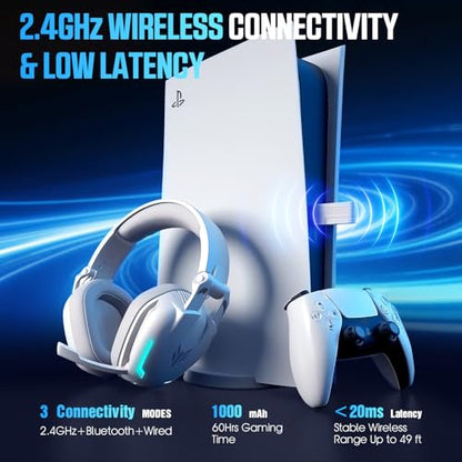 BENGOO G1 60H Wireless Gaming Headset with RGB Lights & Mic for PS5 PS4 PC - color: White