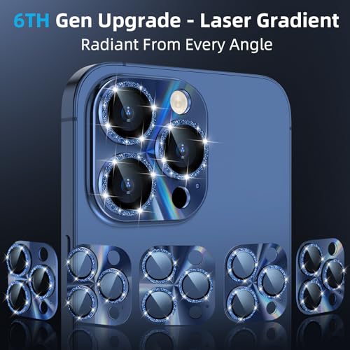 YWXTW Camera Lens Protector for iPhone 15 Pro Max/iPhone 15 Pro, [Lithography Laser Gradient] [5X Strengthen] Tempered Glass Screen Protector Metal Ring Back Camera Lens Cover (Blue Glitter) - color: Blue Glitter