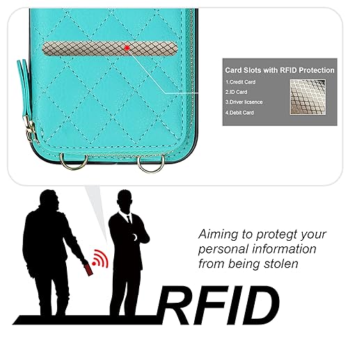 Bocasal Crossbody Wallet Case Card Holder for iPhone 15 Pro, Mint Green | RFID Blocking PU Leather Zipper Handbag Purse, Kickstand Flip Folio Case with Card Slots Holder Wrist Strap Lanyard 6.1 Inch - color: Green
