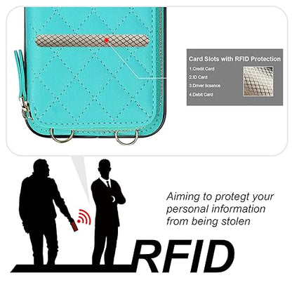 Bocasal Crossbody Wallet Case Card Holder for iPhone 15 Pro, Mint Green | RFID Blocking PU Leather Zipper Handbag Purse, Kickstand Flip Folio Case with Card Slots Holder Wrist Strap Lanyard 6.1 Inch - color: Green