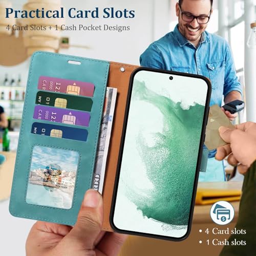 Wallet Case for Galaxy S22, RFID Blocking, 4 Card Slots, Green | For Samsung Galaxy S22 6.1 inch, PU Leather Flip Cover, Protective TPU Shell, Magnetic Closure, Stand, Wrist Strap - color: Green