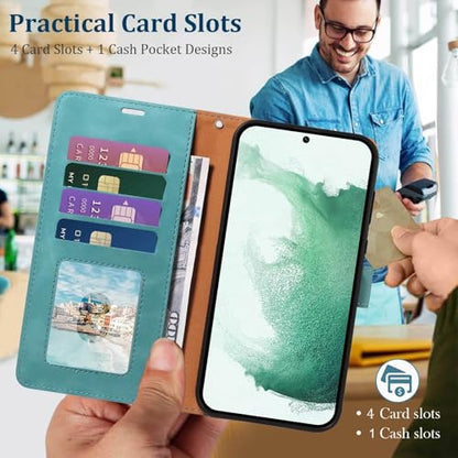 Wallet Case for Galaxy S22, RFID Blocking, 4 Card Slots, Green | For Samsung Galaxy S22 6.1 inch, PU Leather Flip Cover, Protective TPU Shell, Magnetic Closure, Stand, Wrist Strap - color: Green