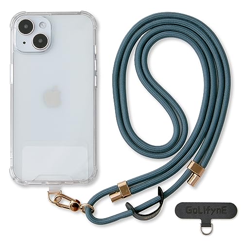 Phone Lanyard Crossbody, Anti Theft Phone Strap with 2 Tether Tabs - color: Teal/Gold