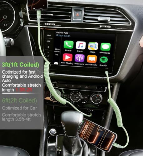 USB C to C Cable 3FT, 2Pack Coiled USB C Fast Charging Cable for CarPlay - color: Green, size: 3FT