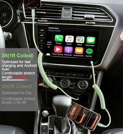 USB C to C Cable 3FT, 2Pack Coiled USB C Fast Charging Cable for CarPlay - color: Green, size: 3FT