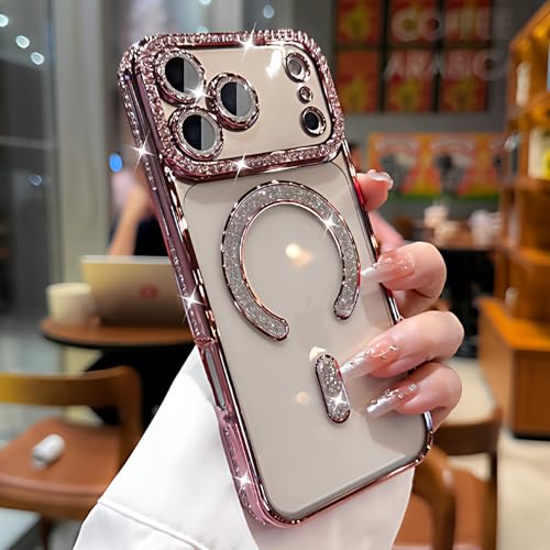 MIFEDUCT Glitter Diamond Magnetic Case for iPhone 17 Pro Clear Support Wireless Charging 17 Pro Case Women Girls Cute Bling Luxury Sparkle Plating Soft TPU Shockproof Protective Cover 6.3", Pink - color: Pink, size: For iPhone 17 Pro 6.3"