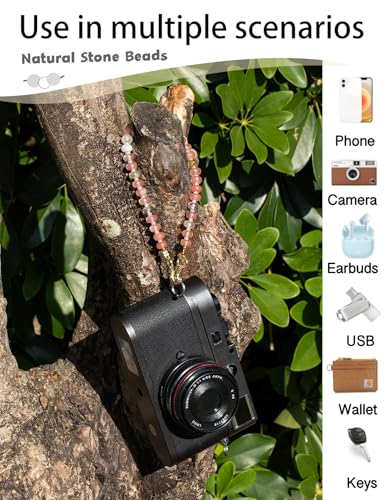 CH.yishi Beaded Phone Charm Wrist Strap with Tether Tab,Camera Lanyard - color: Watermelon Tourmaline