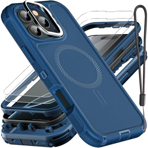 YKHJKLEC for iPhone 16 Pro Case, Military Grade 3 in 1 Heavy Duty Shockproof/Drop Proof/Dust Proof with Kickstand Case, with 2 x Tempered Glass Screen Protector & 1 x Wrist Strap (ZJ-Navy Blue) - color: ZJ-Navy Blue