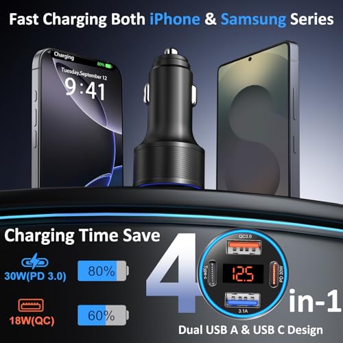 Car Charger USB C, 65W 4-Port Dual 12V USB-C & USB-A Car Phone Charger - color: Black, size: 2 Pack