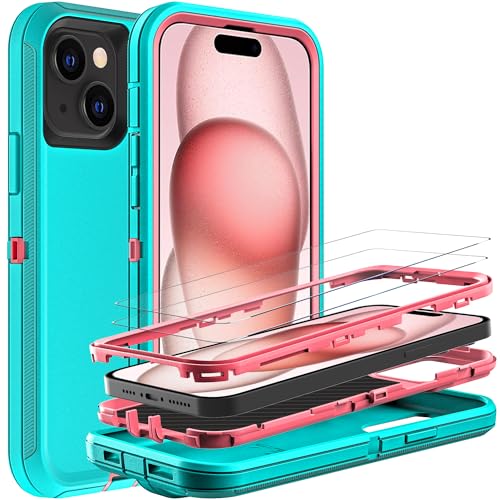 YKHJKLEC for iPhone 15 Case, Military Grade 3 in 1 Heavy Duty Shockproof/Drop Proof/Dust Proof Case with 2Pcs Tempered Glass Screen Protector (Aqua Blue/Pink) - color: Aqua Blue/Pink