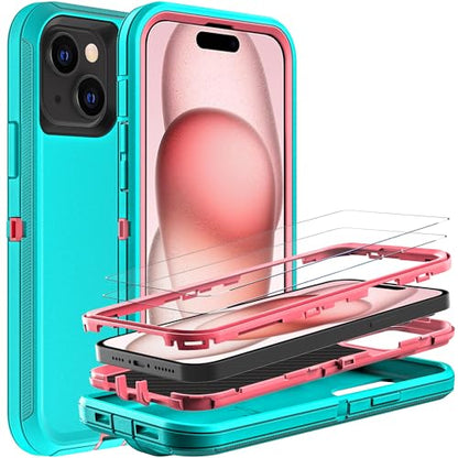 YKHJKLEC for iPhone 15 Case, Military Grade 3 in 1 Heavy Duty Shockproof/Drop Proof/Dust Proof Case with 2Pcs Tempered Glass Screen Protector (Aqua Blue/Pink) - color: Aqua Blue/Pink