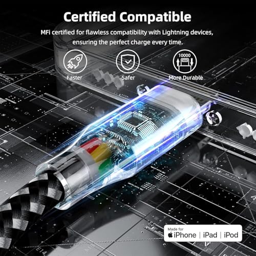 iPhone Charger Cord 10ft 3 Pack MFi Fast Charging Braided Lightning Cable - color: BlackWhite