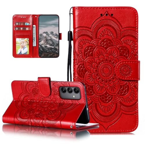 EYZUTAK Case for Samsung Galaxy A16 4G/5G, Premium Leather Magnetic Closure Flip Wallet Phone Case with Card Holder Cash Slot Stand Function Embossed Mandala Flower Slim Shockproof Lanyard Cover - Red - color: Red, size: Samsung Galaxy A16 4G/5G