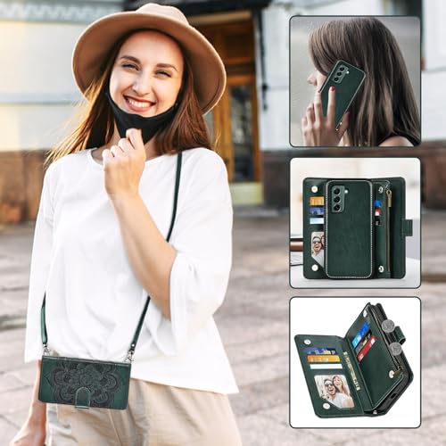 Asuwish Phone Case for Samsung Galaxy S22 5G Zipper Wallet Magnetic Cell Cover with Tempered Glass Screen Protector Crossbody Lanyard Strap Flower Card Holder S 22 22S 4G G5 6.1 inch Women Dark Green - color: Dark Green