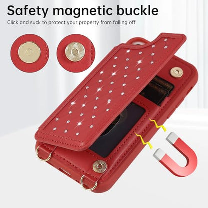 Crossbody Wallet Case for iPhone 7/8/SE 2020/SE 2022(4.7") with Detachable Strap - PU Leather Flip Folio with Card Slots & RFID Blocking, Sparkling Diamond Accents-Red - color: Red, size: iPhone 7/8/SE 2020/SE 2022(4.7")