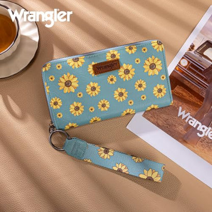 Wrangler Large Wristlet Wallet Women Daisy Wallets, Card Cases & Money Organizers Bifold Keychain Wallets Credit Card Phone Clutch Wallet Ladies Female with Smooth Zipper and ID Window - color: Daisy-Jeans Blue