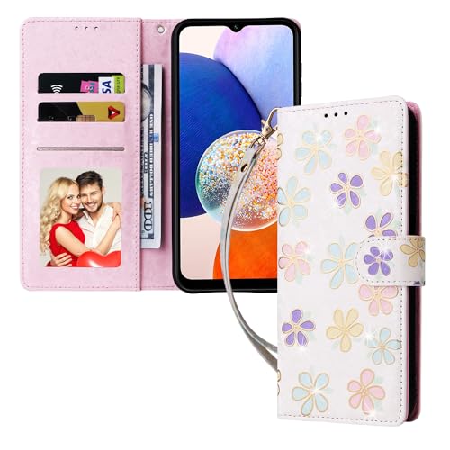 UEEBAI Wallet Case for Samsung Galaxy A35 5G, PU Leather Phone Case Kickstand RFID Blocking Flip Case Card Slots Wrist Strap Relief Engraved Pattern Magnetic Closure Folio Case - White Daisy - color: White Daisy