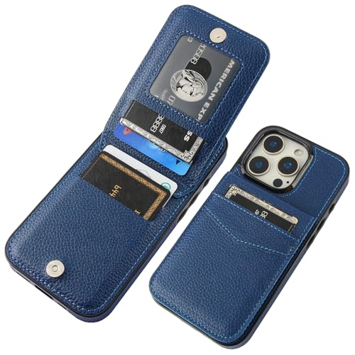 KIHUWEY for iPhone 16 Pro Wallet Case Card Holder Kickstand, Lichee Blue | Credit Card Slots, PU Leather, Kickstand, Magnetic, Flip Heavy Duty Protection Cover for Men and Women - color: Lichee Blue