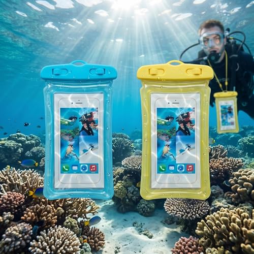 2 Pack Waterproof Phone Pouch Underwater Dry Bag Ultra-Clear Dual-Sided Touchscreen Case with Lock Seal for Swimming Snorkeling & Beach-Yellow-Blue - color: Yellow-Blue
