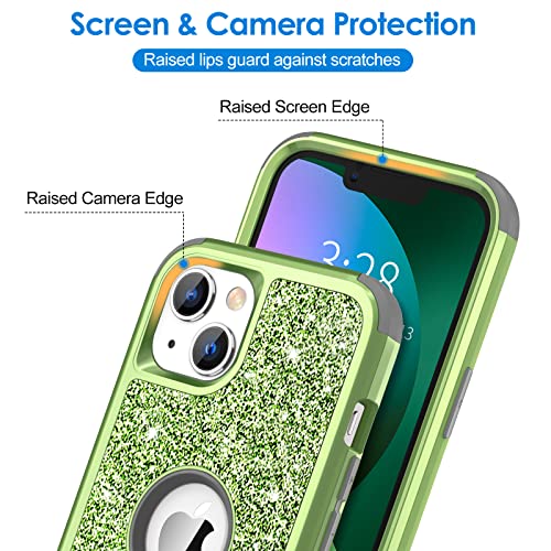 Hython Case for iPhone 13 Case Glitter, Cute Sparkly Shiny Bling Sparkle Cover, Heavy Duty 3 in 1 Hybrid Hard PC Soft TPU Bumper Full Body Shockproof Protective Phone Cases for Women Girls, Green - color: Green