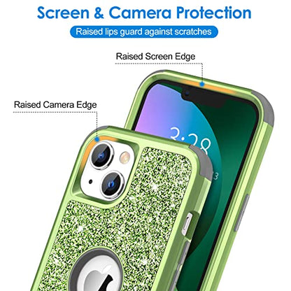 Hython Case for iPhone 13 Case Glitter, Cute Sparkly Shiny Bling Sparkle Cover, Heavy Duty 3 in 1 Hybrid Hard PC Soft TPU Bumper Full Body Shockproof Protective Phone Cases for Women Girls, Green - color: Green