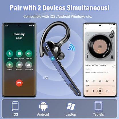 2026 Bluetooth Headset, Wireless Bluetooth 5.3 Earpiece, 90Hrs Single-Ear Headset with APTX HD Audio & Mute Button, Dual Noise Cancelling Mics, Hands Free Headphone for Trucker, Business, Gym, Blue - color: Navy Blue