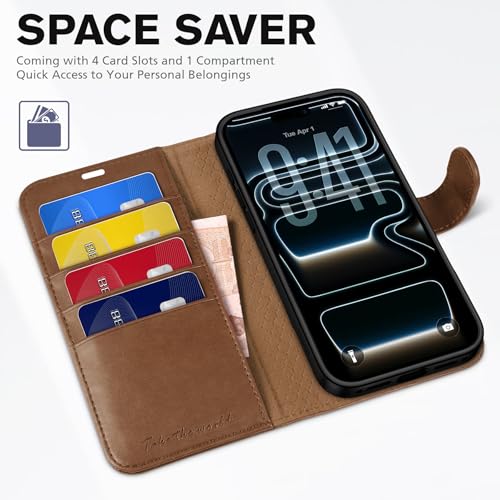 TUCCH Case Wallet for iPhone 17 Pro (6.3") 2025, RFID Blocking Folio, Brown | 4 Card Holders, Kickstand, PU Leather, Magnetic Closure, Shockproof TPU Shell, Protective Flip Cover - color: Brown