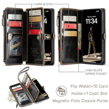 Defencase for iPhone 17 Pro Max Wallet Case with RFID Card Holder, Coffee | Durable Soft PU Leather, with Zipper Pocket, Wrist Strap, Fashion Snap Flip Phone Cases Cover with Stand for Women and Men - color: Coffee