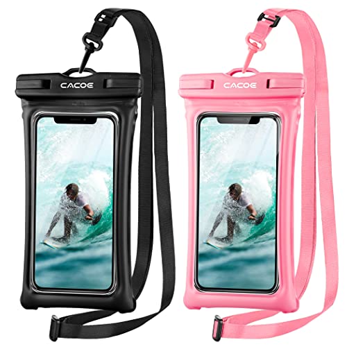 CACOE Floatable Waterproof Phone Pouch 2 Pack Up to 7.0",Black+Pink | Floatable, IPX8 Waterproof Phone Case,Adjustable Lanyard,Dry Bags for Beach/Cruise/Travel/Camping/Kayak/Vacation Essentials - color: Black+Pink