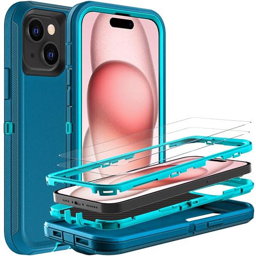 YKHJKLEC for iPhone 15 Case, Military Grade 3 in 1 Heavy Duty Shockproof/Drop Proof/Dust Proof Case with 2Pcs Tempered Glass Screen Protector (Blue/Turquoise) - color: Blue/Turquoise