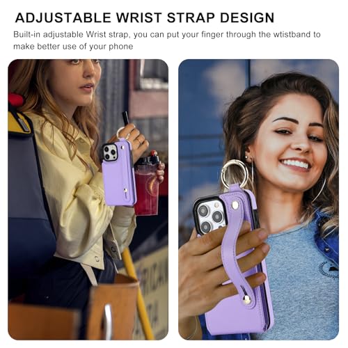 Folosu for iPhone 15 Pro Max Wallet Case with Card Holder, Hand Wrist Strap Loop Holder Kickstand, RFID Blocking Finger Grip Ring PU Leather Double Buttons Shockproof Cover 6.7" Purple - color: Purple