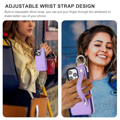Folosu for iPhone 15 Pro Max Wallet Case with Card Holder, Hand Wrist Strap Loop Holder Kickstand, RFID Blocking Finger Grip Ring PU Leather Double Buttons Shockproof Cover 6.7" Purple - color: Purple