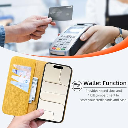 VISOUL Pebbled Leather Wallet Case for iPhone 17 Pro Max 6.9" 2025, Genuine Leather Flip Folio Cover with RFID Blocking Card Holders, Kickstand, Soft TPU Protective Flip Cover -Blue+Yellow - color: Blue+Yellow