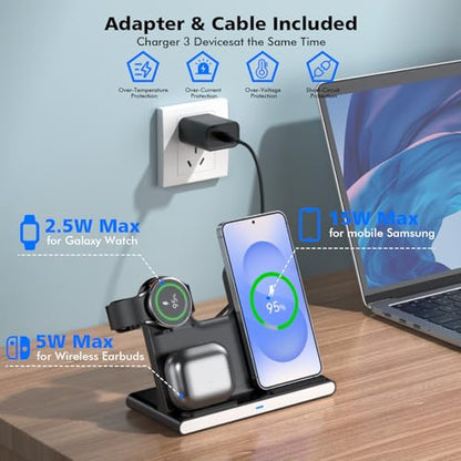 Samsung S25 Wireless Charger Station,3 in 1 Wireless Charger for Samsung Galaxy S25 Ultra/S24/S23/Z Fold/Flip 7/6/5,for Galaxy Watch 8/7/6/5/Pro,buds, Charging Station for iPhone 17/16/15 with Adapter
