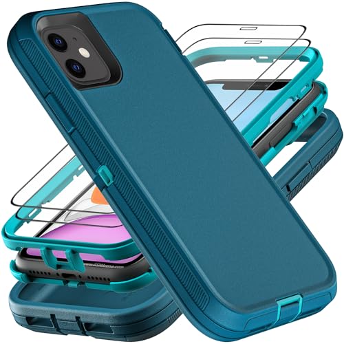 YKHJKLEC for iPhone 11 Case, Military Grade 3 in 1 Heavy Duty Shockproof/Drop Proof/Dust Proof Case with 2Pcs Tempered Glass Screen Protector (Blue/Turquoise) - color: Blue/Turquoise