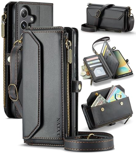 for Samsung Galaxy S24 FE Wallet Case with Card Holder, Black | RFID Blocking Slots, Crossbody Lanyard, Wrist Strap, Zipper Pocket Purse Handbag, Magnetic Closure - color: Black, size: Galxay S24 FE