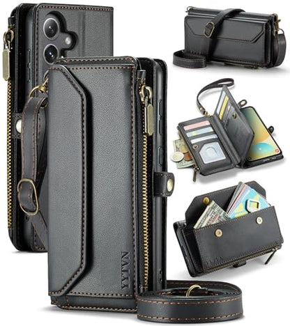 for Samsung Galaxy S24 FE Wallet Case with Card Holder, Black | RFID Blocking Slots, Crossbody Lanyard, Wrist Strap, Zipper Pocket Purse Handbag, Magnetic Closure - color: Black, size: Galxay S24 FE