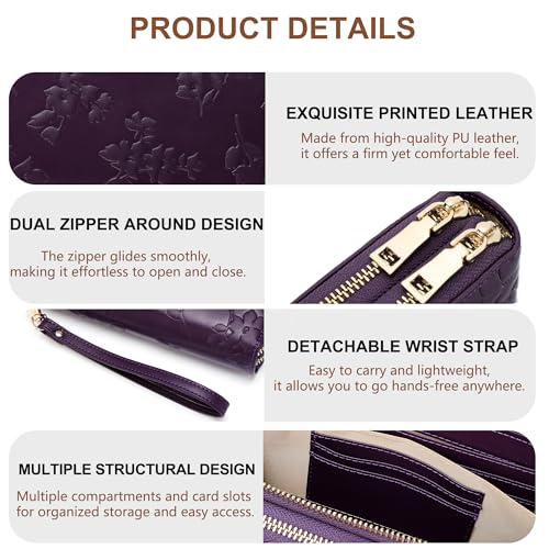 yiijay Womens Wallet RFID Blocking Large Capacity Vegan Leather Double Zip Wristlet Wallet Card Holder Travel Ladies Clutch - color: Dark Purple