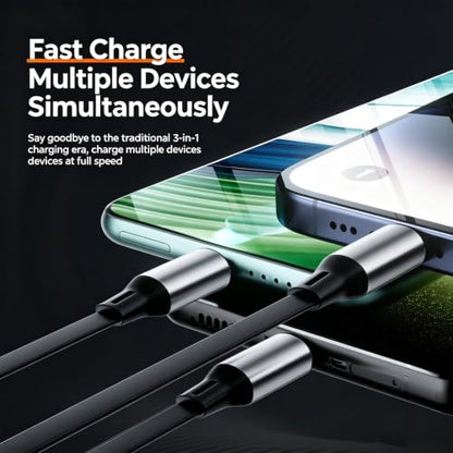 PLENTY MORE 100W 3-in-1 Retractable Charging Cable, Multi USB-C/Lightning/Micro Cord for Phones